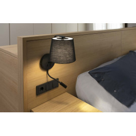 Applique moderne en métal et tissu noir avec liseuse LED Camille